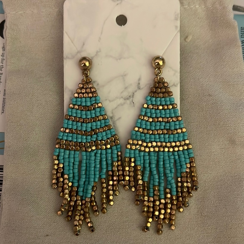 Handmade Gold and Turquoise Blue Beaded  Earrings